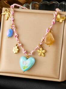 1 Creative, Personalized, Multi Colored Braided Rope Chain Necklace With Gold-Plated Circle, Geometric Shape, Sun Flower, Conch Pendant, Stainless Steel Collarbone Chain