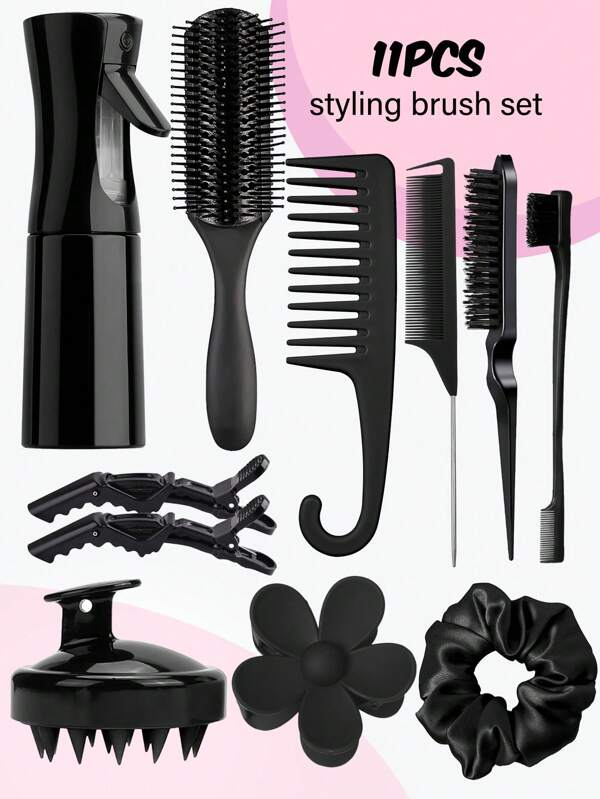 11-delige set haarkammen voor het kammen van de randen en rug voor vrouwen en mannen, kammenset, kam met negen rijen, spuitfles voor ontwarrende borstel, hoofdhuidmassage-shampooborstel, premium kam met brede tanden, haarclip met bloemen, borstelset voor haarstyling, terug naar school, essentiële reis- en vakantiebenodigdheden, haaraccessoires voor vrouwen