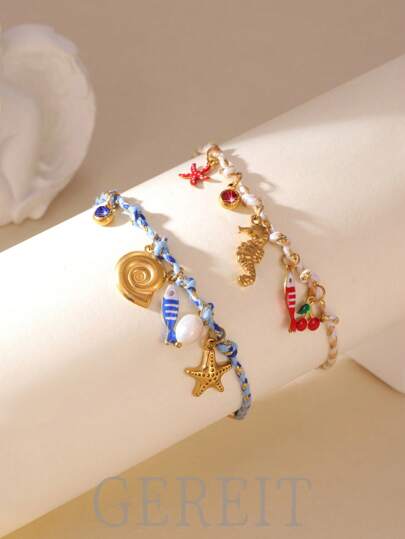 GEREIT 1 Stück Boheme-Öltropfen-Kirsche Cubic Zirkonia 18K Gold Edelstahl Seepferdchen & Seestern Anhänger-Armband, geeignet für den Sommertragen