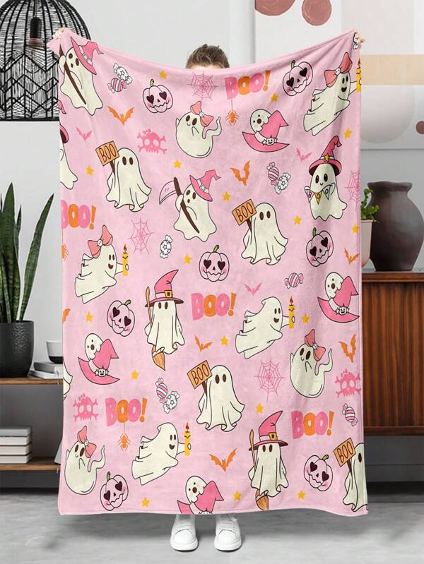 1pc Magic Hat & Ghost Print Flannel Throw Blanket, Halloween Themed Sofa Lap Blanket, Gift For Friends/Coworkers/Family, Suitable For Outdoor Camping, Travel