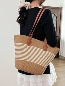 1 حقيبة كبيرة للسيدات من القماش المحبك ذات خلفية بيج مخطط باللون الخاكي، يمكن حملها باليد أو عبر الكتف، بسحاب ناعم للإغلاق، بأسلوب منتجع،خفيفة الوزن، سعة كبيرة، مناسبة للسفر والشاطئ والترفيه والتسوق