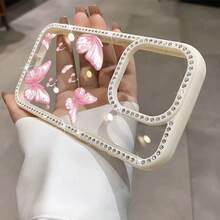 Funda para teléfono con mariposas rosas, delicadas cerezas flotando suavemente y brillo, de doble cara. Funda brillante 11/12/13/14/15/16 con pegatinas de joyas |/ Regalos de cumpleaños - Rosa - Ver 4