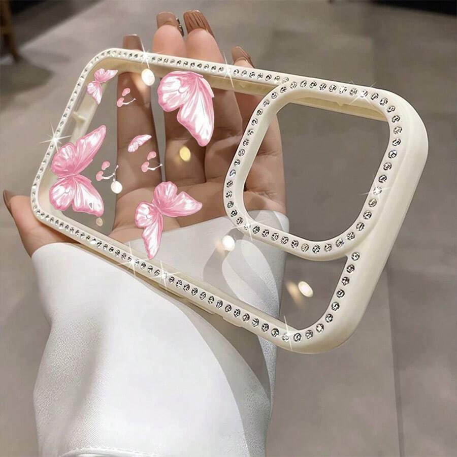 Funda para teléfono con mariposas rosas, delicadas cerezas flotando suavemente y brillo, de doble cara. Funda brillante 11/12/13/14/15/16 con pegatinas de joyas |/ Regalos de cumpleaños - Blanco - Ver 1