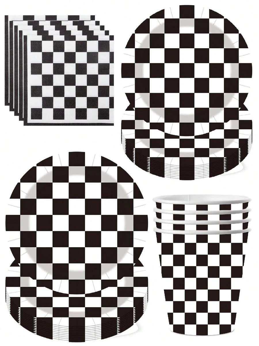 10pcs Racing Car Theme Black And White Grid Theme Party Paper Plate Set Disposable Birthday Paper Plate Cups Paper Towels Birthday Party Supplies Camping Camping Tea Party Banquet Wedding Supplies - Multicolor - View 1
