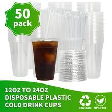 12 OZ, 16 OZ, 20 OZ, 24 OZ Transparent Plastic Cups (With Straw Lids), 50 Sets Of Disposable Plastic Iced Coffee Cups, Take-Out Coffee Cups (For Making Smoothies, Milkshakes, Cold Drinks) - 無色 - 查看 3
