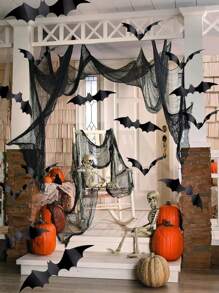 Tela negra de malla de Halloween y 60 pegatinas 3D de murciélagos aterradores. Tela de terror para decoración de habitación de Halloween, para casa encantada, fiesta de Halloween, patio, pared, entrada y decoración exterior. Decoración de pared interior para fiestas de Halloween