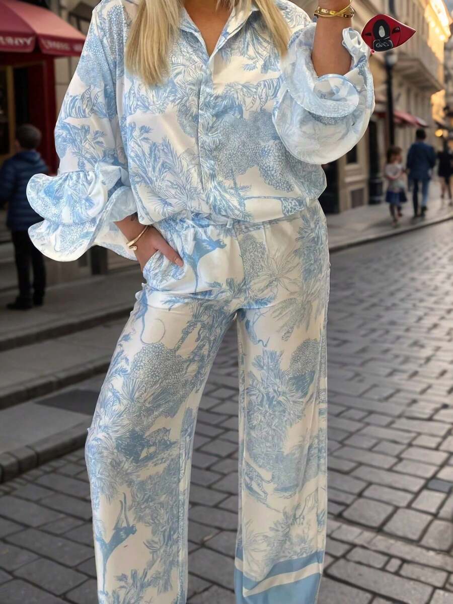 Women's Pure Cotton Casual Comfortable Loose Fitting Can Be Worn As Sleepwear Or Outerwear Pleated Printed Pants Set - màu xanh da trời - Xem 1