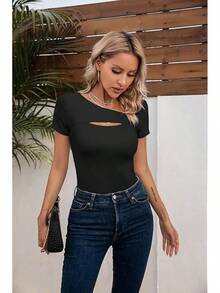 Womens Fashion Fall Cutout Long Sleeve Ribbed Slim Fitted Tops Shirts Tee Tshirts - Short-black - View 8