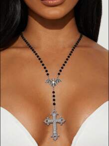1pc Vintage Gothic Cross Pendant Beaded Necklace, Women Fashion Jewelry Accessory, Suitable For Daily Wear And Party, Gifts For Women