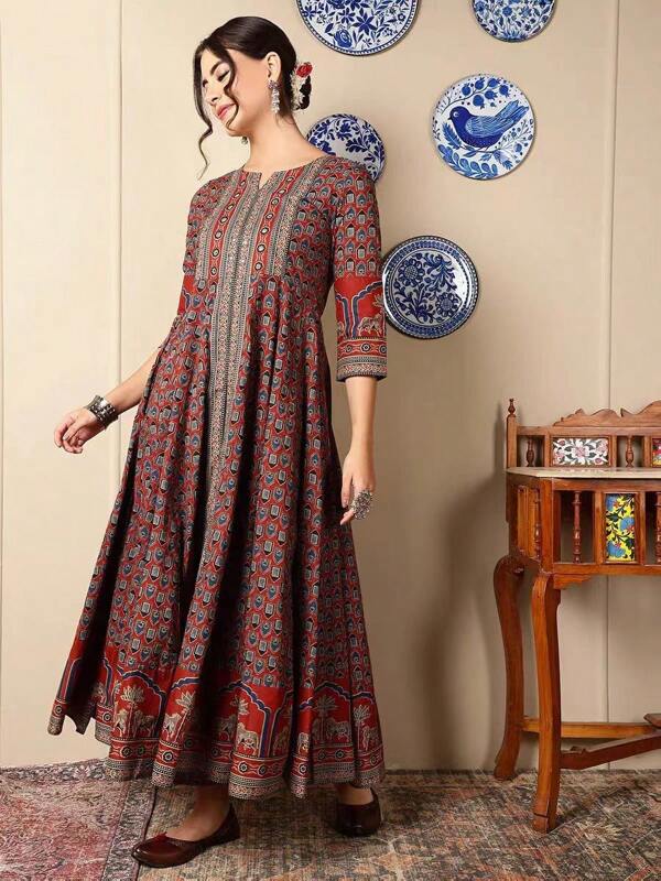 Vestido largo de mujer talla grande con estampado retro de patchwork en tela tejida de manga larga, adecuado para bodas, primavera/otoño