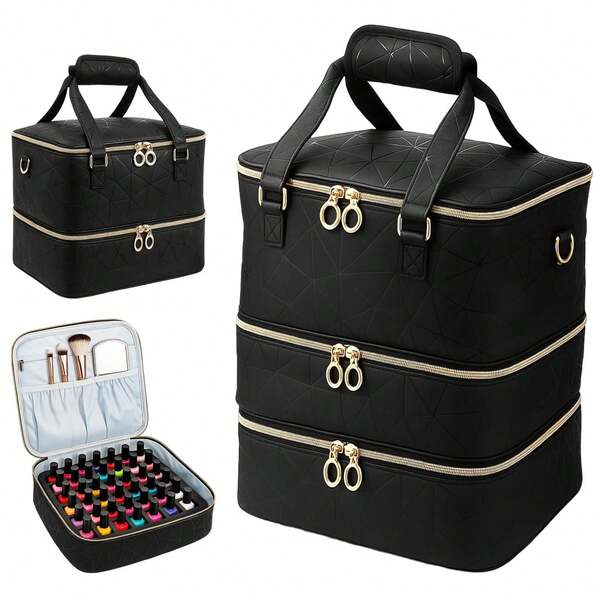Black Nail Polish Organizer Case With 3 Layers Holds 84 Bottles Nail Polish Storage For Nail Tech & DIY Kits, Portable Nail Bag Supplies Carrying Case