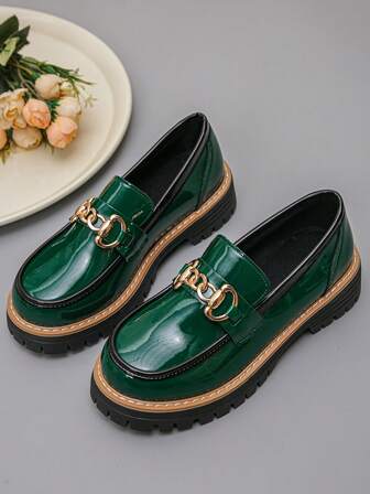 Women's Wedge Heel Thick Sole Slip-On Shoes, Solid Color Bohemian Elegant Retro Metal Chain Fashion Versatile Mary Jane Office Shoes