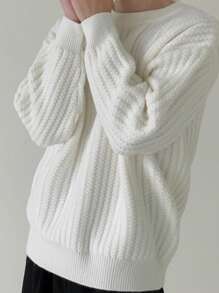 新款秋冬男士美式英伦风格小众设计粗针织毛衣，休闲宽松圆领套头衫 - 白色 - 查看 2