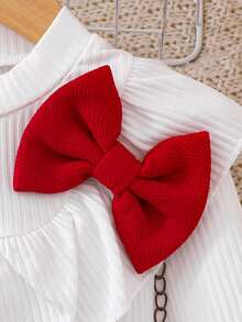 Bộ 2 món/Bộ trang phục thường ngày cho bé gái - Áo dài tay màu trắng & Bộ váy xòe đính ngọc trai đỏ, Thích hợp cho tiệc tùng, kỳ nghỉ, trang phục thường ngày, mùa xuân thu - Đỏ - Xem 3