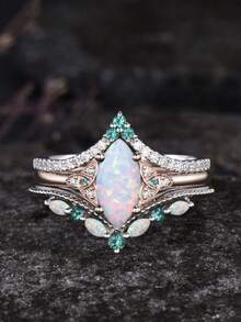 3pcs Luxury Women's Ring Set - Marquise Cut Opal, Faux Gemstone, Party Style Jewelry Gift For Fashionable Women - Bạc - Xem 10
