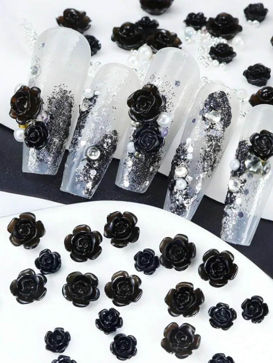 50颗可爱黑色雕花玫瑰美甲装饰品，玫瑰花美甲配件，情人节美甲装饰，美甲用品，专业DIY美甲宝石