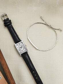 2 件套复古风格简约方形表盘罗马数字石英表 + 一体式手链女士，夏季限量版，无礼盒