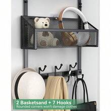 Over The Door Hooks Organizer, Waterproof Hanger Towel Rack With 7 Hooks And 2 Mesh Baskets, Over Door Organizer For Barthroom Kitchen (Black) - Black - View 5