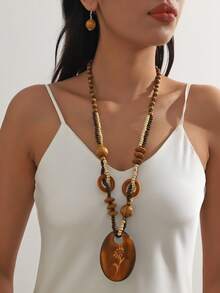 2件套波西米亚风格复古木质长链项链，欧美时尚 - 棕色 - 查看 18