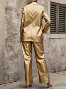 Conjunto set 2 piezas sexy brilloso tela metálica suave ligero blazer largo manga larga cuello doble solapa botón bolsas pantalón recto pretina deglada zipper broche presión bajo regular noche primavera verano día fiesta cumpleaños concierto festival playa