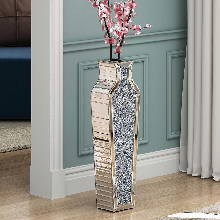 Mirrored Floor Vase 68 Cm, Silver, Crystal Decor For Dried Flowers - Silver - View 1