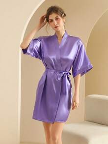 Women's Silk Nightgown Wedding Dressing Robe Lightweight Cardigan Robe Bridal Morning Robe Friend's Robe, Suitable For Home And Hotel Wear. - Light Purple - View 5