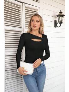 Womens Fashion Fall Cutout Long Sleeve Ribbed Slim Fitted Tops Shirts Tee Tshirts - Long-black - View 5