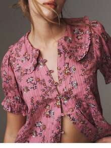 Women Y2k Puff Sleeve Peter Pan Collar Shirt Tops Button Down Boho Floral Print Ruffle Blouse Summer Cotton Babydoll Top - Red - View 2
