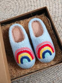 Girls' Cute Rainbow Multi-Color Plush Slippers, Warm For Indoor & Outdoor Activities, Suitable For Autumn/Winter - Blue - View 1
