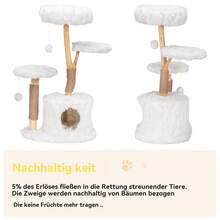Rascador natural blanco de madera maciza y felpa, árbol para gatos con plataformas, cueva para acurrucarse y pelotas de juego, rascador estable para gatos de 109 cm para interiores.