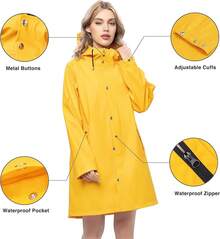 UNIQUEBELLA Rain Jackets For Women Waterproof, Raincoat Long Hooded Rain Coats Outdoor Windbreaker Trench Coat - 黃色 - 查看 3