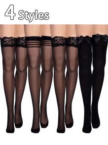4 双女士蝴蝶结长筒袜，男士不透明过膝长筒袜