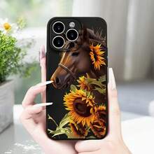 Horse And Sunflower Design Phone Case, Decorative Phone Cover, Phone 11 12 13 14 15 Pro Max Series Phone Accessories - Black - View 3