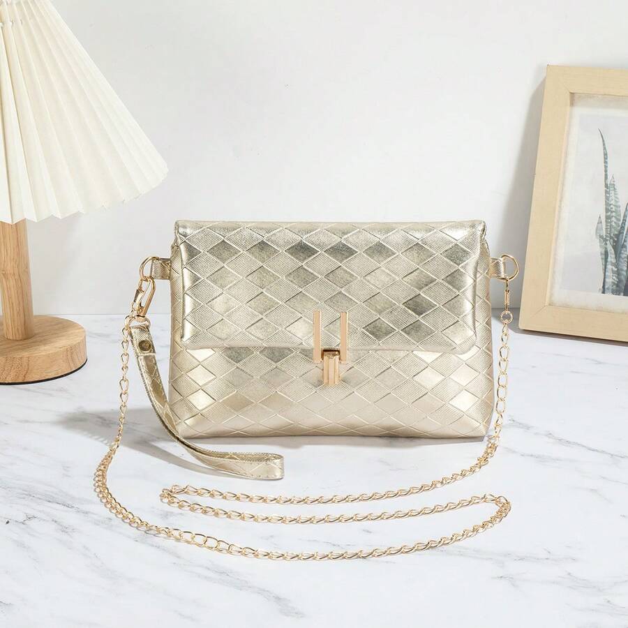 Women's Fashionable Rhombus Shoulder/Crossbody Bag, Chain Strap Clutch Purse - Gold - View 1