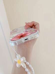 奶油色纹理波浪边亮面海星花朵彩绘防摔手机壳，配手工串珠手链配件