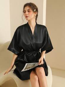 Women's Silk Nightgown Wedding Dressing Robe Lightweight Cardigan Robe Bridal Morning Robe Friend's Robe, Suitable For Home And Hotel Wear. - Black - View 8