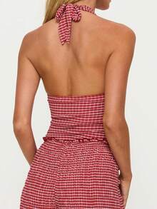 Women's Halter Neck Vest Summer Sleeveless Open Back  Plaid Party Tank Tops - 紅色 - 查看 3