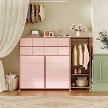 Closet System Clothes Rack With 16 Fabric Drawers & 2 Storage Shelves, Walk In Closet Organizer System Freestanding Closet Organizer For Hanging Clothes, Clothes Rack Built-In Garment Rack Heavy Duty Garment Rack, Wardrobe Closet Clothing Rack Tall Storage Tower, Sturdy Frame - Pink - View 2