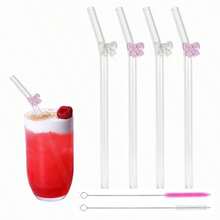 Pajitas de vidrio reutilizables rosas con charms, pajita de vidrio linda con lazo y 2 cepillos de limpieza, regalo estético para amantes del café, batidos, malteadas, bebidas congeladas, té y jugo - 7,68 pulgadas - Ver 1
