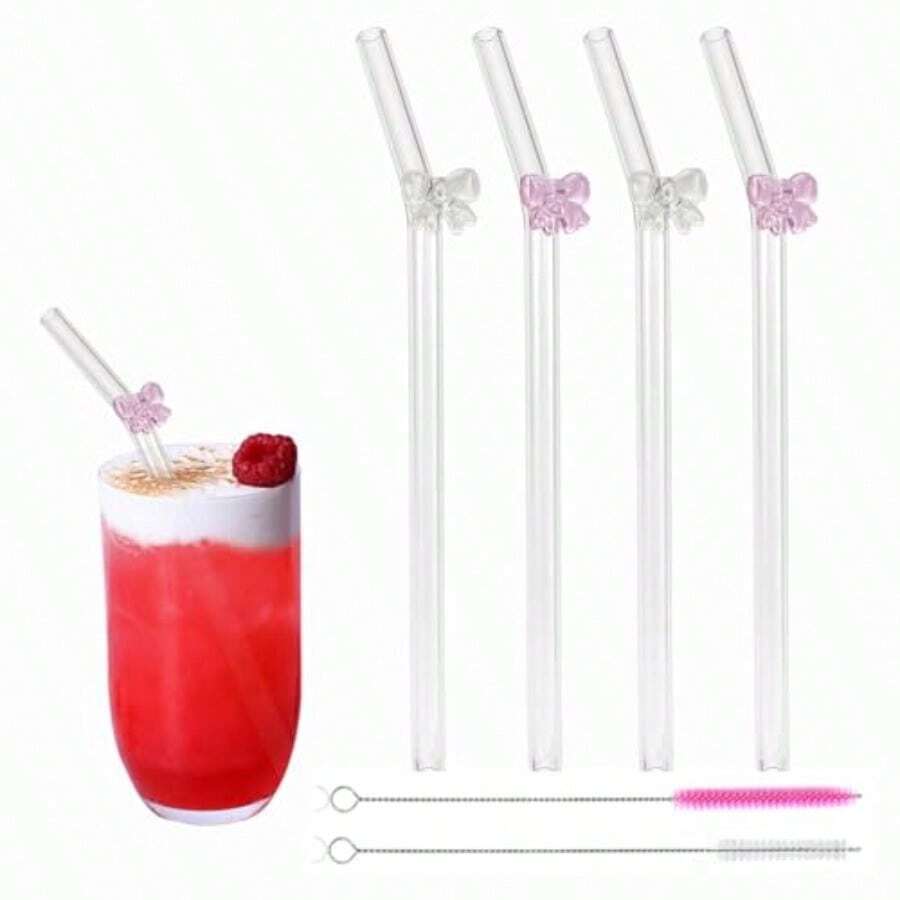 Pajitas de vidrio reutilizables rosas con charms, pajita de vidrio linda con lazo y 2 cepillos de limpieza, regalo estético para amantes del café, batidos, malteadas, bebidas congeladas, té y jugo - 7,68 pulgadas - Ver 1