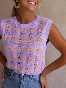 1件 撞色条纹针织网眼针织上衣，夏季 - 紫色 - 查看 2