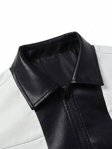 男士长袖时尚休闲撞色拉链立领PU皮夹克，秋冬款 - 黑色 - 查看 5