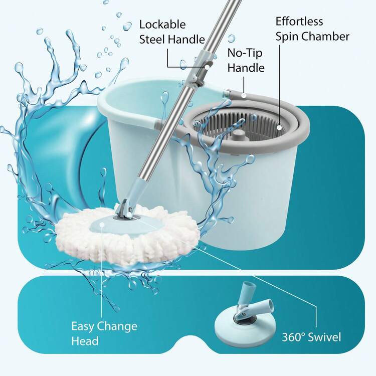 Spin Mop And Bucket, Mop And Bucket With Wringer Set For Home, 360 Spinning Mop Bucket Floor Cleaning Tool With 3 Microfiber Mop Replacement Head Refills,50" Extended Handle For Floor Cleaning Home - Màu xanh bạc hà - Xem 2