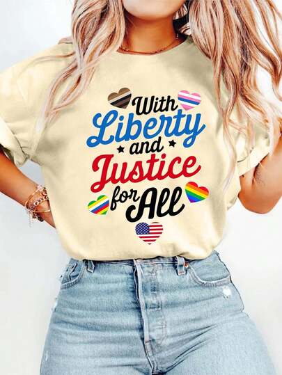 Women's Summer Freedom And Justice For All Graphic Print Round Neck Short Sleeve Simple Casual Everyday Plus Size T-Shirt Tops, Fundamental Rights Graphic Print Women's Tops, Human Rights Graphic Print Women's Summer Clothing, Equality Graphic Print Summer Tops