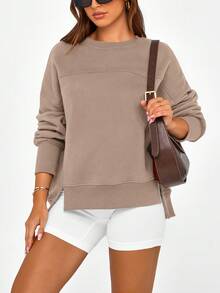 Women's Casual Round Neck Sports Shirt Autumn Winter Long Sleeve Side Slit Solid Color Pullover Hoodie Top - 淺咖色 - 查看 5