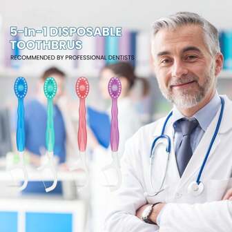 10 Piezas Mini Cepillos-Cepillos de dientes desechables con pasta de dientes, pasta de dientes + rascadores de lengua + hilo dental + palillo para el trabajo o viaje, envueltos individualmente para el trabajo o viaje