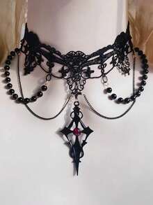 1 件十字蕾丝流苏串珠项链，黑色金属哥特暗黑风格，适合女性日常、派对、万圣节佩戴 - 黑色 - 查看 4