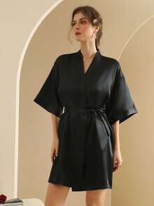 Camisón de seda para mujer, bata de novia para vestir, bata ligera tipo cárdigan, bata de mañana para novia, bata para amiga, adecuada para uso en casa y hotel. - Negro - Ver 5