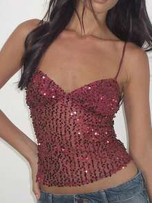 Women's Summer Sequin Tops Spaghetti Strap Sleeveless Backless Fashion Vest Clubwear For Party Holiday - 酒紅色 - 查看 1