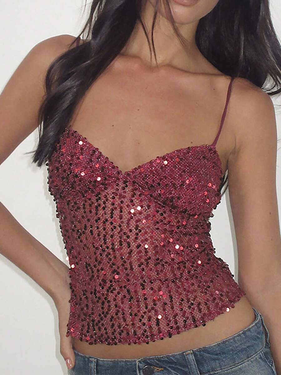 Women's Summer Sequin Tops Spaghetti Strap Sleeveless Backless Fashion Vest Clubwear For Party Holiday - 酒紅色 - 查看 1